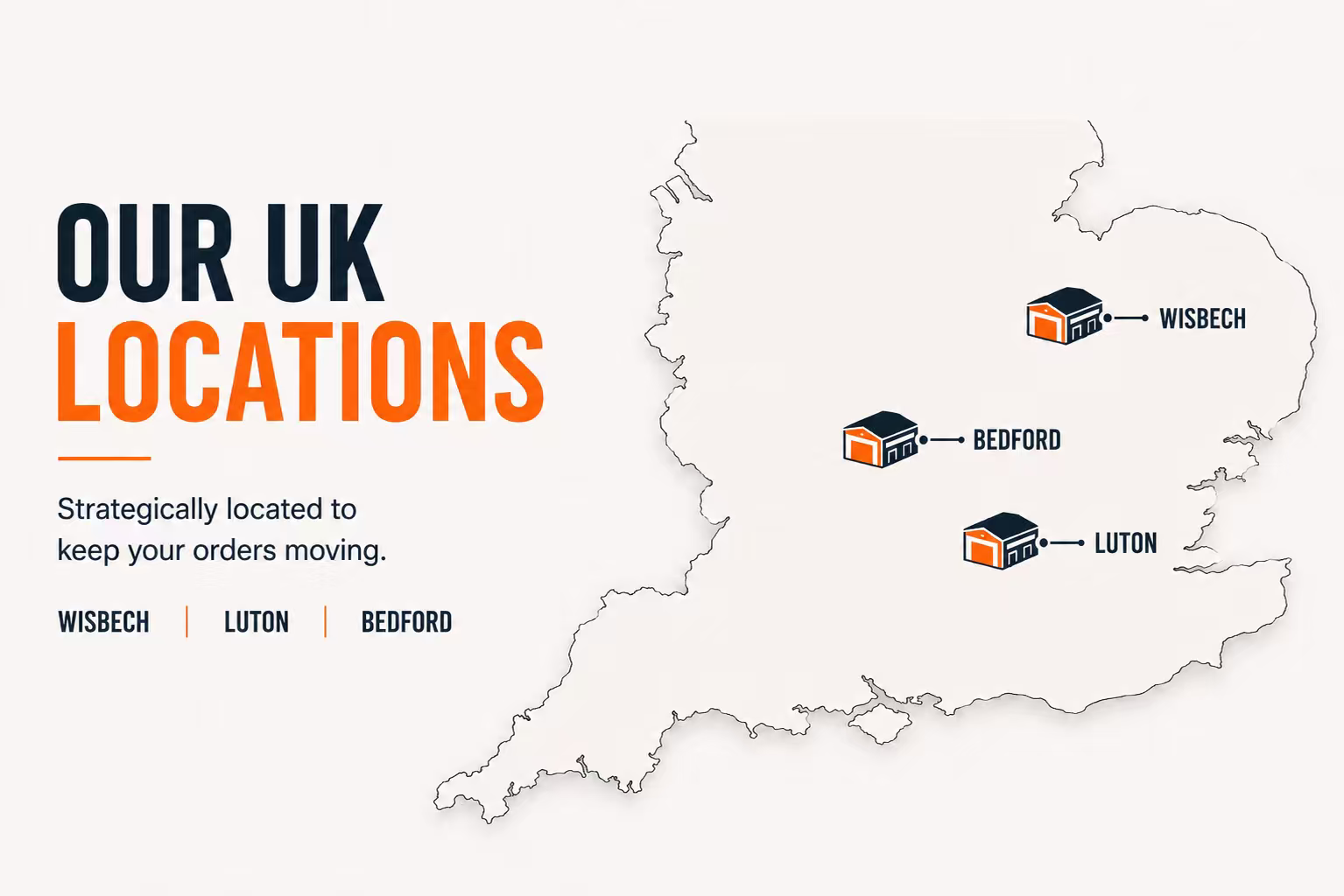 Map of England showing FrontX warehouses in Wisbech, Bedford and Luton